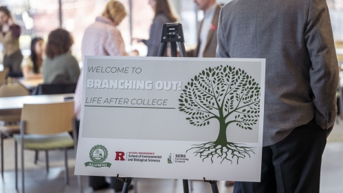 A sign that reads, 'Welcome to Branching Out! Life After College'.