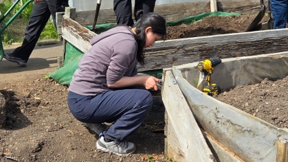A student working on a garden.