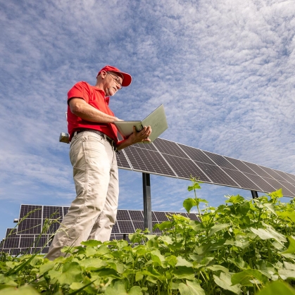 A person with a laptop standing in a farm field that also has rows of solar panels.
