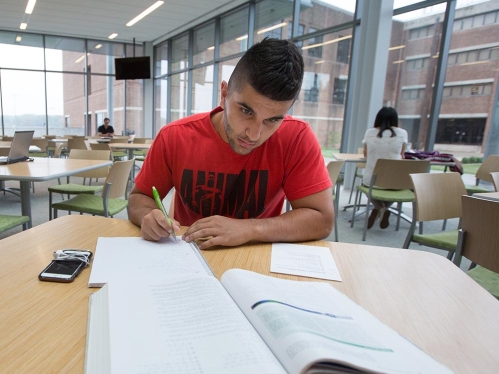 A Student doing homework in an campus cafe.