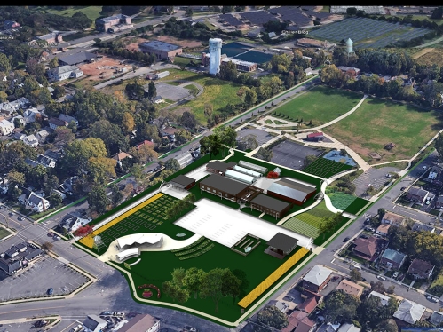 An ariel view of New Brunswick showing an architect's rendition of a farmers market.