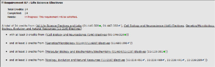 Screenshot of Life Science Electives in Degree Navigator.